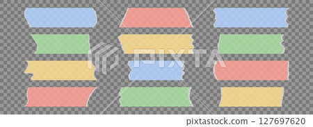 Colored adhesive tapes collection. Torn duct tape pieces set. strip. Plastic scotch stripes with torn jagged edges. Sticky masking paper for package wrap, blank tag, label, sticker, decoration. Vector 127697620