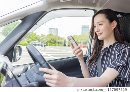 一位女士停下車並使用智慧型手機 一位女士停下車並使用智慧型手機 127697839