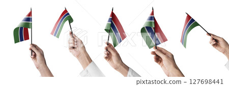 The Gambia flag in hand in different angles on a white background The Gambia flag in hand in different angles on a white background 127698441