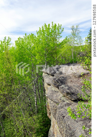 Ancient rock formation in a green forest, geological site. 127698588