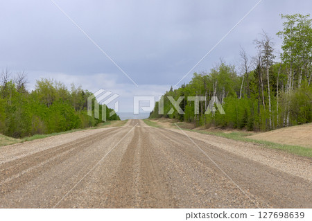 Raining in the rural area, gravel road along the bushes. Raining in the rural area, gravel road along the bushes. 127698639