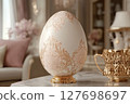 Easter egg in luxury interior with golden and silky painting. 127698697