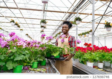 An African American woman smiles, carrying pots of flowers in a greenhouse filled with plants. 127698746