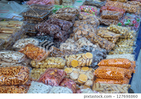 Assorted Indonesian Traditional Snacks and Crackers for Sale Assorted Indonesian Traditional Snacks and Crackers for Sale 127698860