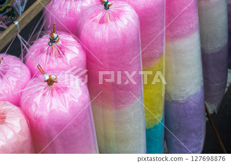 Colorful Cotton Candy Bags on Display at a Fair Colorful Cotton Candy Bags on Display at a Fair 127698876