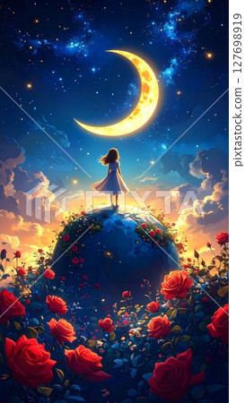 On a crescent moon night, a girl's wish is surrounded by roses 127698919