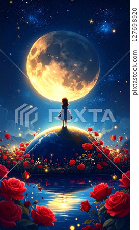 A girl surrounded by roses and a full moon reflected in a lake 127698920