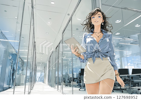Illustration of a woman walking down a corridor with a tablet 127698952