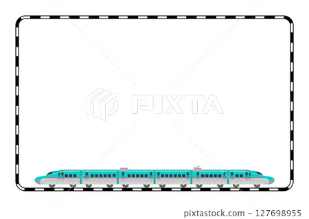 A horizontal railroad frame with a toy-style E5 series Shinkansen train attached 127698955