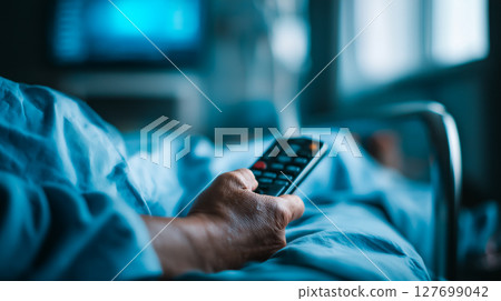 Hospitalization concept, lonely patient's hand holding a TV remote control 127699042