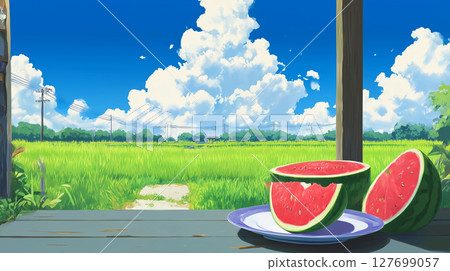 Summer countryside scenery and watermelon on the veranda 127699057