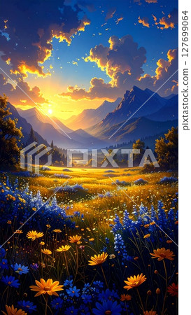 Golden valley in the morning glow - Fantasy landscape with blooming flowers 127699064