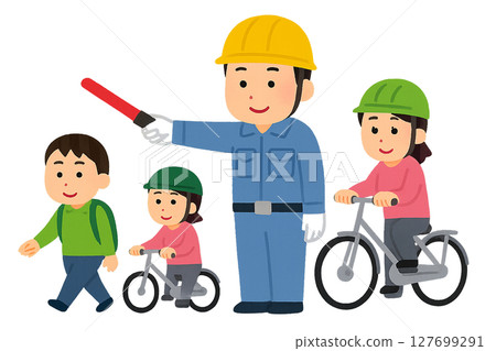工作人員引導行人和自行車的場景插圖（平面設計） 127699291
