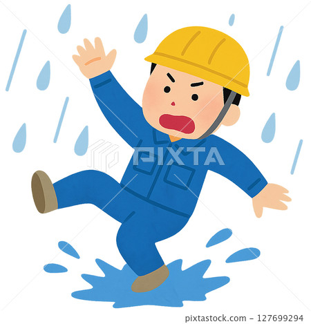 工人在下雨天即將滑倒的場景插圖（平面設計） 127699294