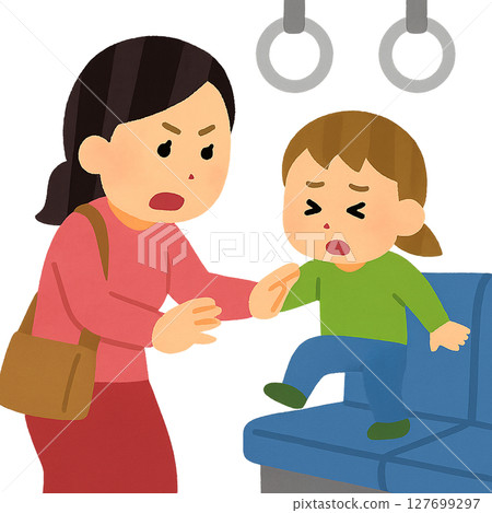 圖解（平面設計）：一個孩子穿著鞋子在火車上坐下，他的母親攔住了他 127699297
