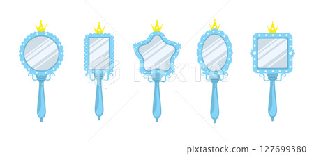 Prince mirror. Set of Small mirrors with blue borders and gold crowns. Cute vintage element for boys birthday party decoration. Vector illustration in flat cartoon style 127699380