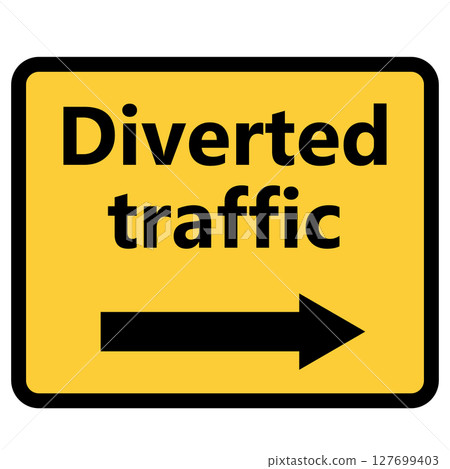 Typical diverted traffic black and yellow road highway sign over on white background. Traffic signs and symbols. Diverted traffic sign. flat style. 127699403