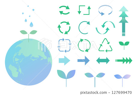 Illustration set of a globe with young leaves and arrows for ecology images 127699470