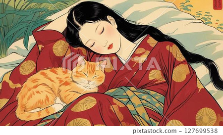 A beautiful woman in a kimono sunbathing with a cat 127699538