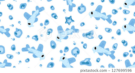 Seamless Cartoon Blue Fish Pattern Seamless Cartoon Blue Fish Pattern 127699596