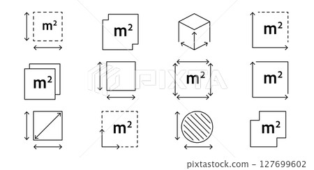 Real estate dimension icon showing M2 sign. Square meter measurement symbol for floor area, room size, or apartment plan. Clean outline vector illustration 127699602