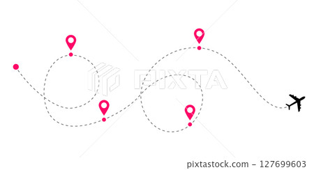 Plane route line collection with dashed and dotted flight paths showing aircraft tracking patterns and global travel connections for aviation design and air traffic navigation concepts 127699603