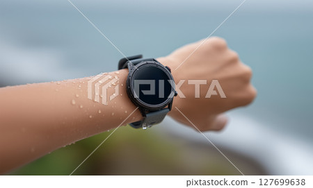 Smart fitness tracker on athlete's wrist during outdoor workout session 127699638