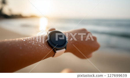 Beach fitness tracking with smartwatch monitoring workout performance during sunset Beach fitness tracking with smartwatch monitoring workout performance during sunset 127699639