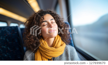 Joyful woman with curly hair enjoying peaceful moment during sunny train journey with eyes closed 127699670