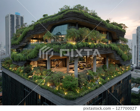 Modern green building with lush vegetation and open courtyard design. Ideal for concepts like sustainability, biophilic design, and eco-friendly architecture. 127700027