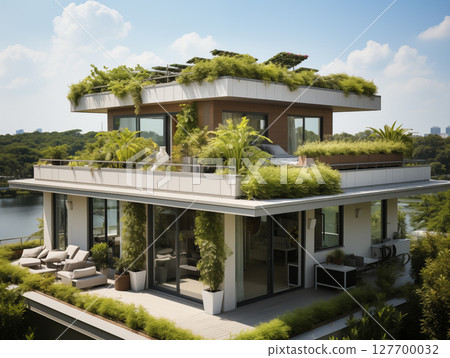 Modern green building with lush vegetation and open courtyard design. Ideal for concepts like sustainability, biophilic design, and eco-friendly architecture. 127700032