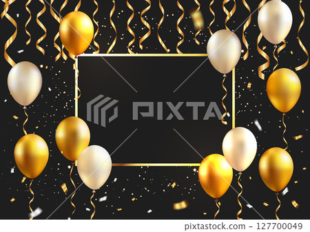 Elegant black party background with golden balloons and confetti frame 127700049