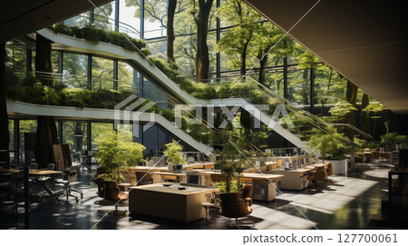 Modern green building with lush vegetation and open courtyard design. Ideal for concepts like sustainability, biophilic design, and eco-friendly architecture. 127700061