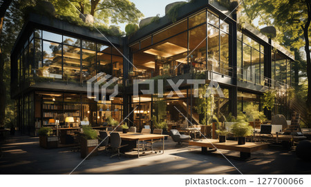 Modern green building with lush vegetation and open courtyard design. Ideal for concepts like sustainability, biophilic design, and eco-friendly architecture. Modern green building with lush vegetation and open courtyard design. Ideal for concepts like sustainability, biophilic design, and eco-friendly architecture. 127700066