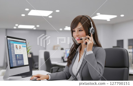 Illustration of a female operator working in a call center 127700151