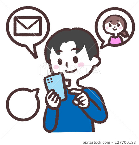 Illustration of a man operating a smartphone 127700158