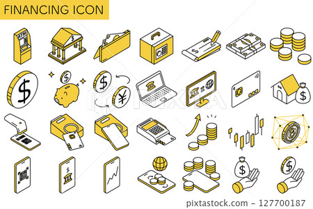 Simple line drawing isometric illustration of a set of 28 financial icons Simple line drawing isometric illustration of a set of 28 financial icons 127700187