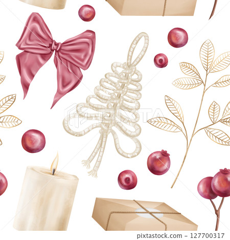 Seamless Christmas pattern, natural organic decorations. Gift box, bow, braided ornaments, candle, cranberry berries. Sustainable Christmas celebration, recyclable materials. Hand drawn background Seamless Christmas pattern, natural organic decorations. Gift box, bow, braided ornaments, candle, cranberry berries. Sustainable Christmas celebration, recyclable materials. Hand drawn background 127700317