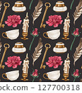 Seamless pattern with retro inkwell and writing pen, teacup, red roses, gold candle holder, key. Royal atmosphere, Gothic. Old vintage decorations in classic style. Office supplies, postcard design 127700318
