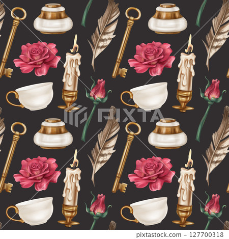 Seamless pattern with retro inkwell and writing pen, teacup, red roses, gold candle holder, key. Royal atmosphere, Gothic. Old vintage decorations in classic style. Office supplies, postcard design 127700318