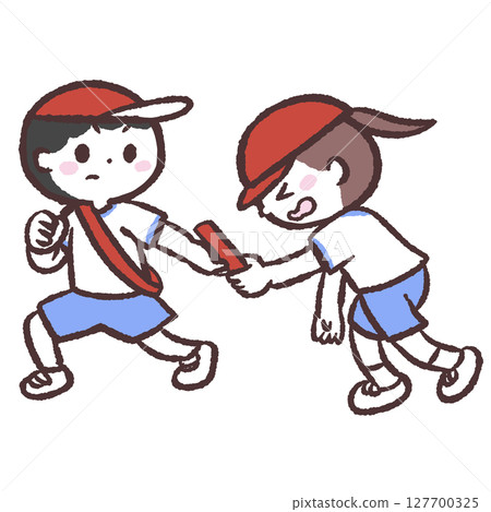 Illustration of Kids in Gym Clothes Passing the Baton 127700325
