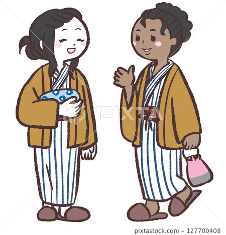 Illustration of two foreign women in yukata at a hot spring Illustration of two foreign women in yukata at a hot spring 127700408