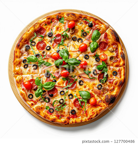 Vibrant pizza with fresh bell peppers, cherry tomatoes, and red onion, served on a round wooden cutting board. 127700486