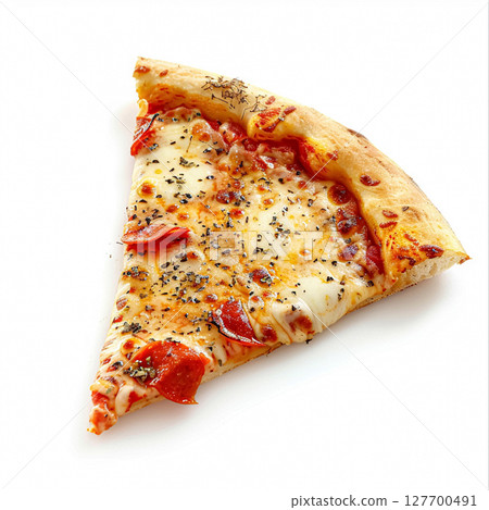 A perfect slice of pepperoni pizza, featuring melted mozzarella cheese and rich tomato sauce on a golden crust, isolated on a white background A perfect slice of pepperoni pizza, featuring melted mozzarella cheese and rich tomato sauce on a golden crust, isolated on a white background 127700491