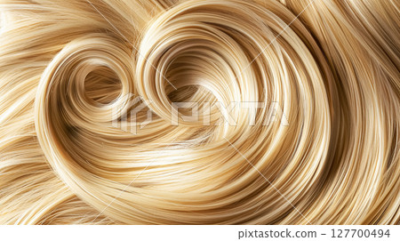 Soft blonde hair with beautiful waves and highlights, showcasing healthy, vibrant texture with a stylish curl detail, perfect for beauty and haircare visuals 127700494