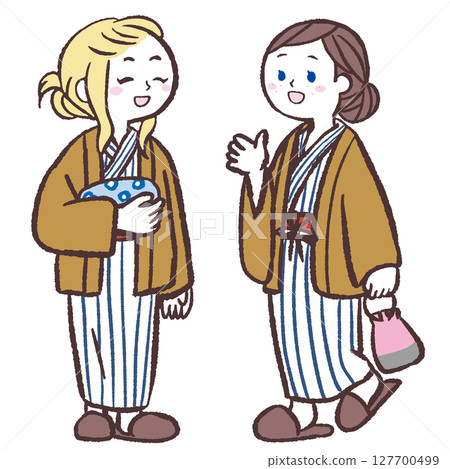 Illustration of two Caucasian women wearing yukata at a hot spring Illustration of two Caucasian women wearing yukata at a hot spring 127700499