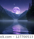 Forest landscape painting with purple full moon reflecting on lake 127700513
