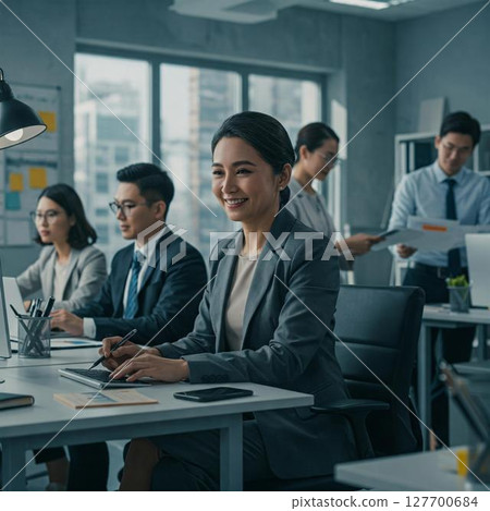 工作在辦公室的微笑的女實業家 工作在辦公室的微笑的女實業家 127700684