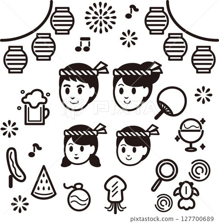 Icons Family Kids Summer Fireworks Festival Fair People Pictogram Line Drawing Illustration Material Set 127700689