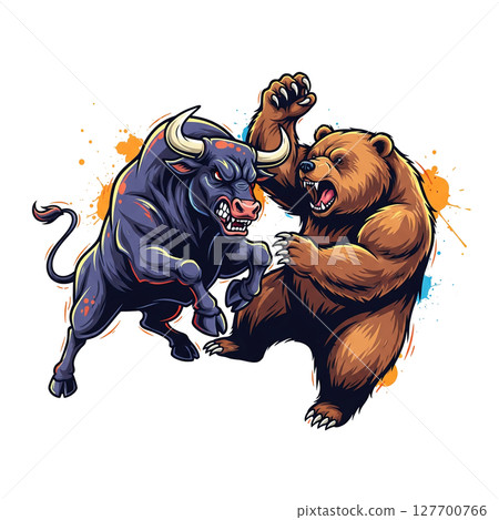 A powerful bull and a ferocious bear are locked in an intense, colorful battle. 127700766